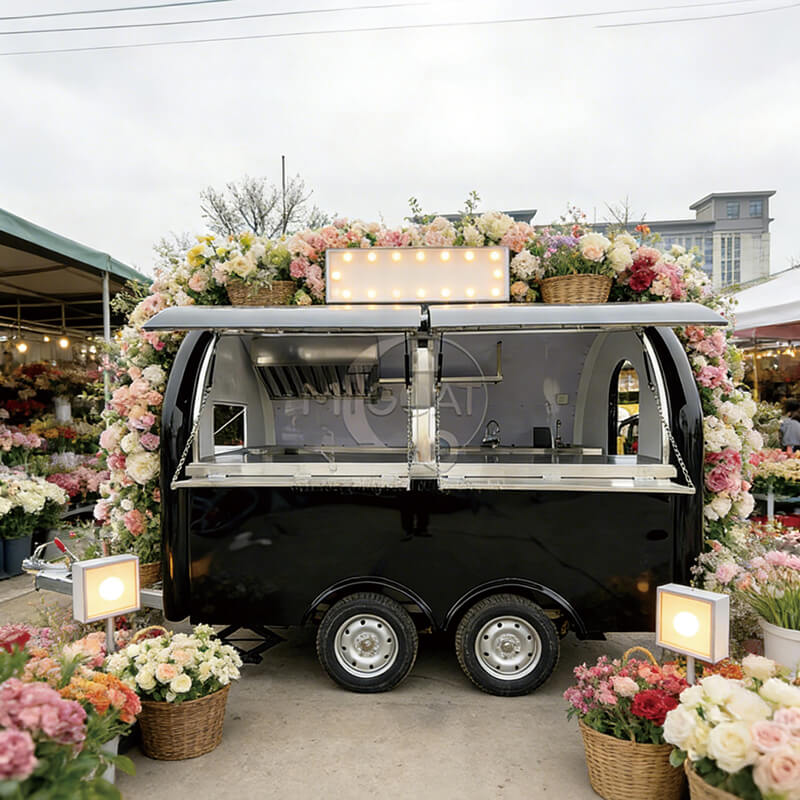 MGR-3M Dual Axle Reinforced 304 Stainless Steel Worktop Glossy Black Paint Multi-Function Mobile Food Trailer