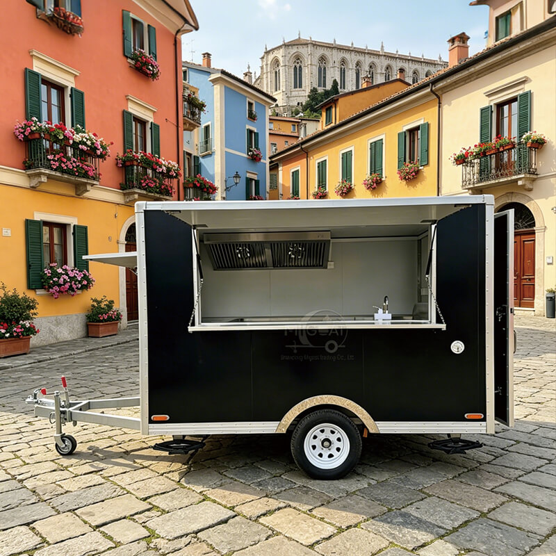 MGS-3M Black Silver Large Capacity Food Trailer, Multi-purpose Stainless Steel Interior Towable Mobile Food Truck