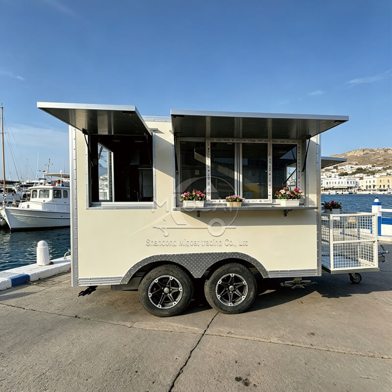  MGS-3.5M Dual-Axle Cream White Stainless Steel Food Trailer with Extended Platform, Commercial Catering Concession Trailer